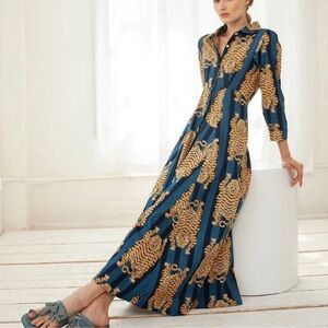 GUADALUPE DESIGN Luciana Tibet Tiger Blue Organic Cotton Maxi Dress